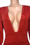 Red Sexy Solid Sequins Patchwork Asymmetrical V Neck One Step Skirt Dresses