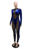 Blue Fashion Sexy Patchwork Hot Drilling See-through Half A Turtleneck Skinny Jumpsuits