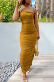 Vestido sin mangas de un hombro con pliegues sin espalda sólido sexy de moda amarillo Vestidos