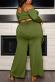 Armeegrün Mode Lässig Solide Rückenfrei Asymmetrisch Schulterfrei Plus Größe Zweiteiler