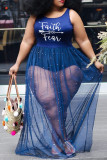 Vestido sexy casual de talla grande con estampado de letras y retazos con cuello en O azul