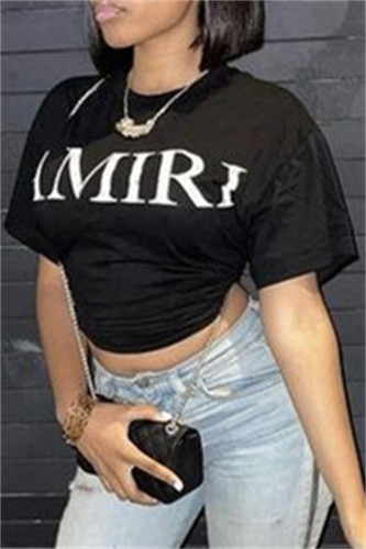 Black Fashion Casual Letter Print Basic O Neck T-Shirts