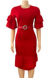 Red Casual Solid Patchwork Flounce Asymmetrical O Neck Straight Dresses