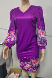 Robes jupe une étape violet décontracté imprimé patchwork col en V