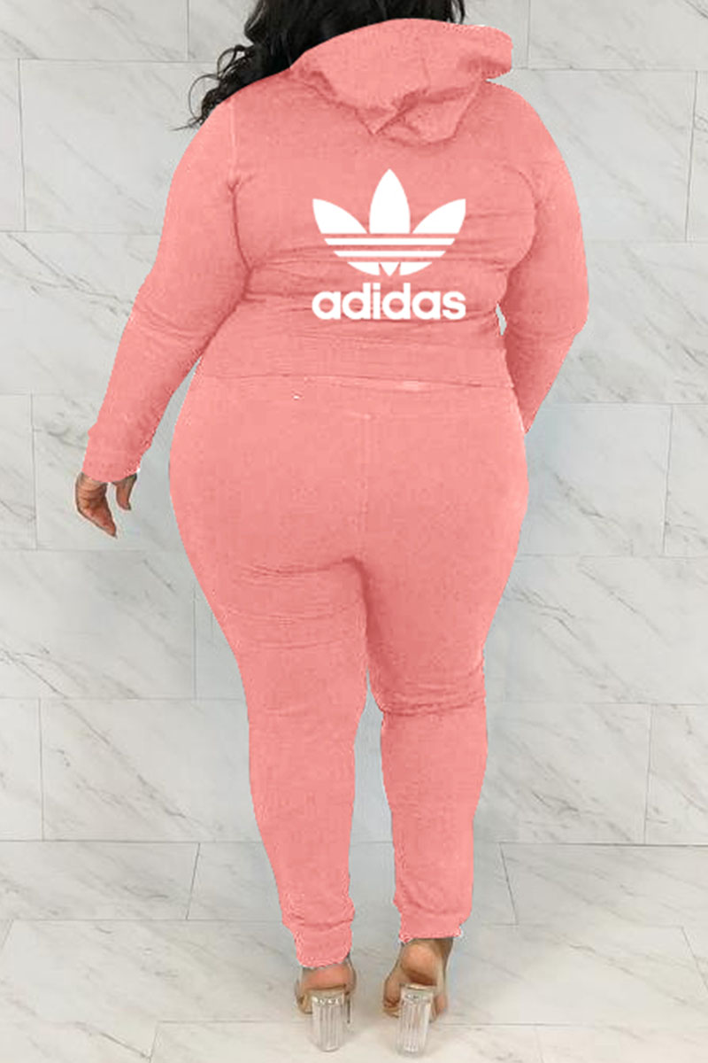 

Pink Fashion Street Print Letter Hooded Collar Plus Size Two Pieces