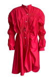 ピンク カジュアル ソリッド パッチワーク バックル フォールド マンダリン カラー シャツ ドレス ドレス
