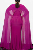 パープリッシュレッドのエレガントなソリッドパッチワークパールホットドリルストレートドレス