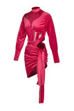 Rouge Sexy solide évidé Patchwork transparent demi-col roulé robe irrégulière robes