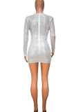 White Casual Elegant Solid Sequins Patchwork Fold V Neck One Step Skirt Dresses