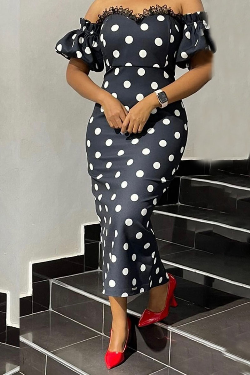 

Black Elegant Print Polka Dot Lace Split Joint Off the Shoulder One Step Skirt Dresses