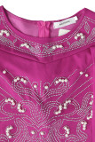 パープリッシュレッドのエレガントなソリッドパッチワークパールホットドリルストレートドレス
