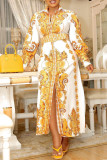 Желтое повседневное элегантное лоскутное платье-рубашка с отложным воротником и пряжкой в ​​стиле пэчворк Платья больших размеров