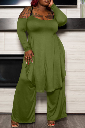 Army Green Fashion Casual Solid Backless Asymmetrical Off the Shoulder Plus Size Two Pieces