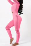 Розовый Однотонный Базовый Однотонный с длинным рукавом с круглым вырезом из двух частей Повседневная спортивная одежда
