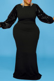 Schwarzes Mode-Plus-Size-Pailletten-Patchwork-O-Ausschnitt-Langarm-Abendkleid