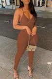 Army Green Sexy Casual Solid Backless Spaghetti Strap Skinny Jumpsuits