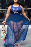 Синий сексуальный повседневный плюс размер с буквенным принтом в стиле пэчворк и бисером с круглым вырезом платье-жилет