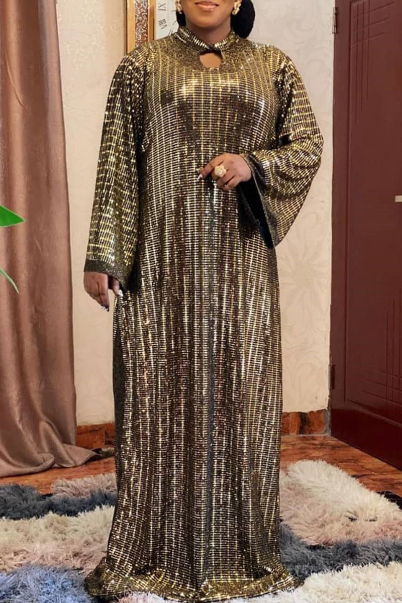 

Gold Casual Solid Sequins Split Joint Mandarin Collar Straight Plus Size Dresses