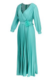 Blå Casual Elegant Solid Patchwork Vik med bälte V-hals Raka klänningar