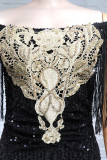Robes droites noires élégantes à pampilles solides et paillettes, avec des Appliques en Patchwork, épaules dénudées
