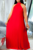 Rojo Elegante Sólido Patchwork Pliegue Halter Una línea Vestidos de talla grande