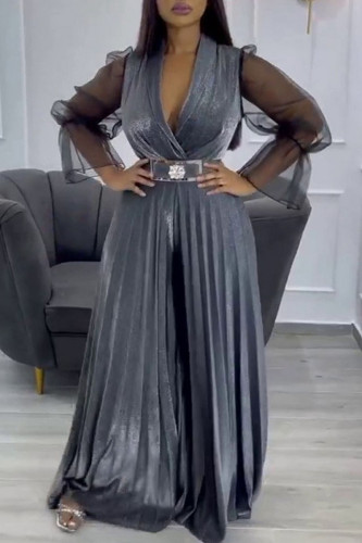 Grey Casual Elegant Solid Patchwork V Neck Straight Jumpsuits