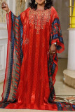 Rotes, elegantes, bedrucktes Patchwork-Perlen-Hot-Drill-O-Ausschnitt-Gerade-Kleid in Übergröße