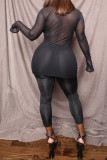 Zwarte Mode Sexy Casual Stevige Knopen Vest Mesh Kraag Lange Mouwen Twee Stukken