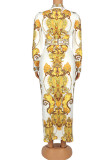 Желтое повседневное элегантное лоскутное платье-рубашка с отложным воротником и пряжкой в ​​стиле пэчворк Платья больших размеров
