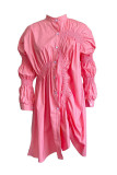 Roze casual effen patchwork gesp vouw mandarijn kraag overhemdjurk jurken