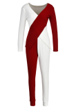 Красный сексуальный сплошной пэчворк с V-образным вырезом и длинным рукавом из двух частей