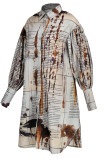 Robe chemise à col rabattu et boucle en patchwork imprimé kaki foncé