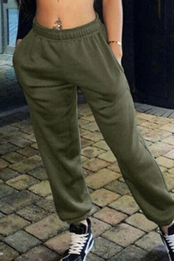 Verde militar Casual parches lisos rectos cintura alta pantalones de color sólido