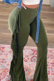 Pantalones de altavoz de cintura media ajustados con retales de borlas lisas informales de moda verde militar