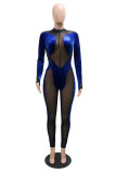 Blue Fashion Sexy Patchwork Hot Drilling See-through Half A Turtleneck Skinny Jumpsuits