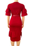 Red Casual Solid Patchwork Flounce Asymmetrical O Neck Straight Dresses