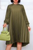 Army Green Casual Print Patchwork Fold O Neck A Line Dresses