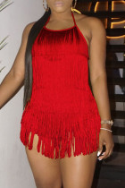 Красный модный сексуальный однотонный пэчворк с кисточками и открытой спиной, обычный комбинезон с лямкой на шее