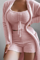 Pink Fashion Casual Solid Basic O Neck Long Sleeve Three-piece Set