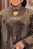 Gold Casual Solid Sequins Patchwork Mandarin Collar Straight Plus Size Dresses