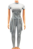 Grey Casual Solid Bandage Patchwork Half A Turtleneck Short Sleeve Two Pieces