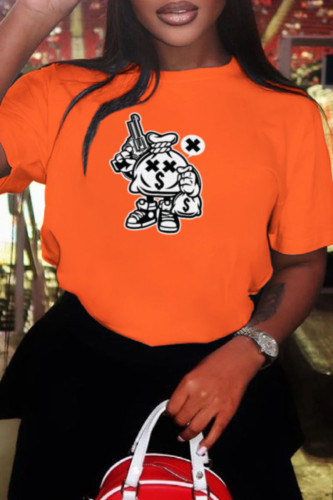 Orange Casual Vintage Print Patchwork O Neck T-Shirts