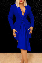Синий сексуальный однотонный пэчворк из двух частей с воротником-стойкой и длинными рукавами