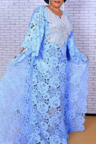 Hemelsblauw Casual effen bandage patchwork appliqués V-hals recht grote maten jurken