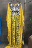 Amarillo Casual Sólido Vendaje Patchwork Apliques Cuello en V Rectos Vestidos de talla grande