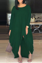 Зеленые модные повседневные однотонные асимметричные платья с круглым вырезом и длинными рукавами
