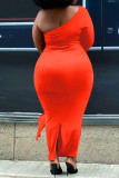 Röd Mode Sexig Solid Patchwork Backless One Shoulder Långärmad Plus Size Klänningar