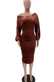 Brown Sexy Solid Patchwork Off the Shoulder One Step Skirt Dresses