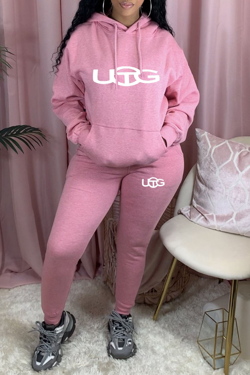 

Pink Fashion Sportswear Print Letter Hooded Collar Long Sleeve Two Pieces