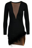 Black Sexy Solid Patchwork Feathers Mesh O Neck One Step Skirt Dresses